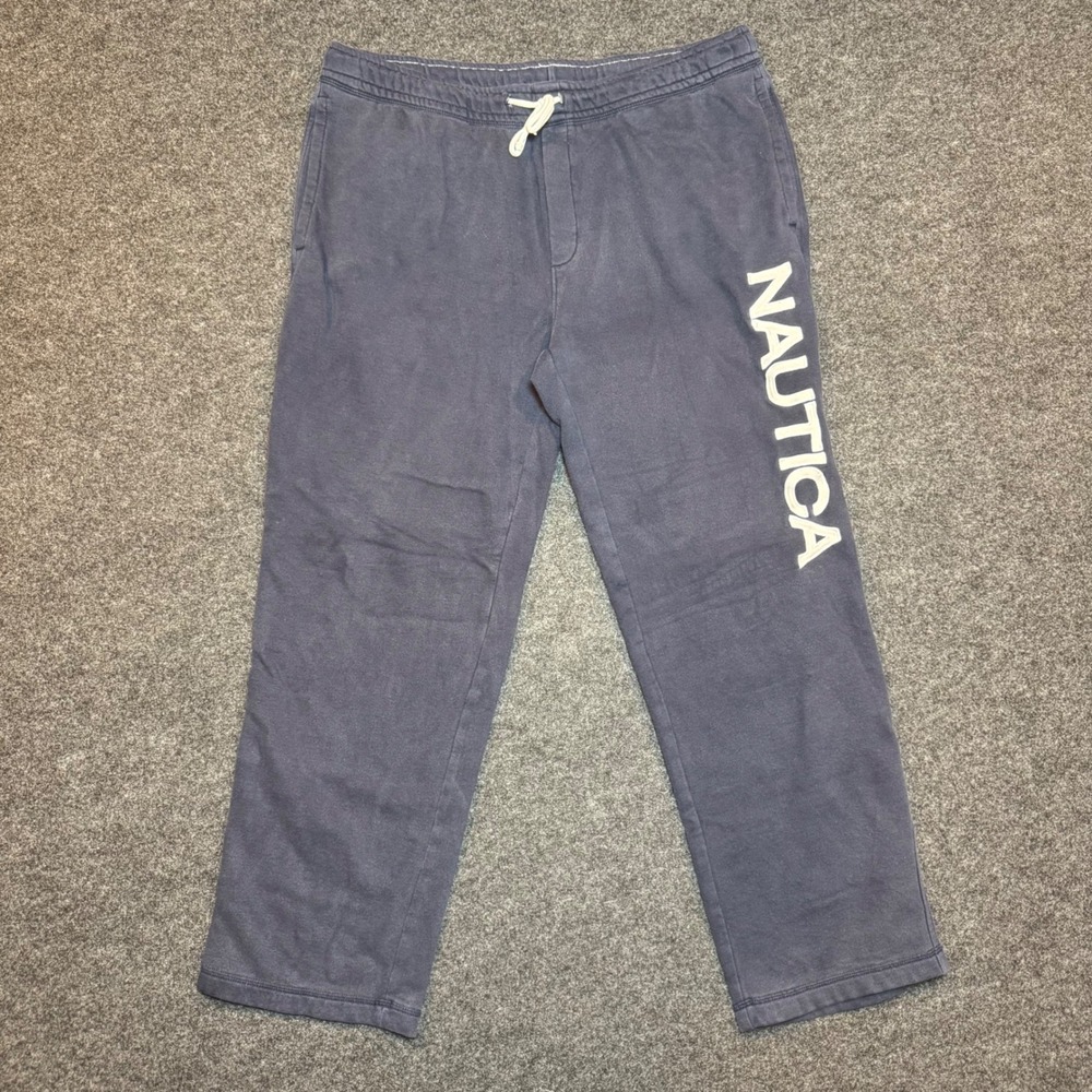 Nautica Mens XL Blue Fleece Sweatpants Logo Graphic Joggers Drawstring Navy
